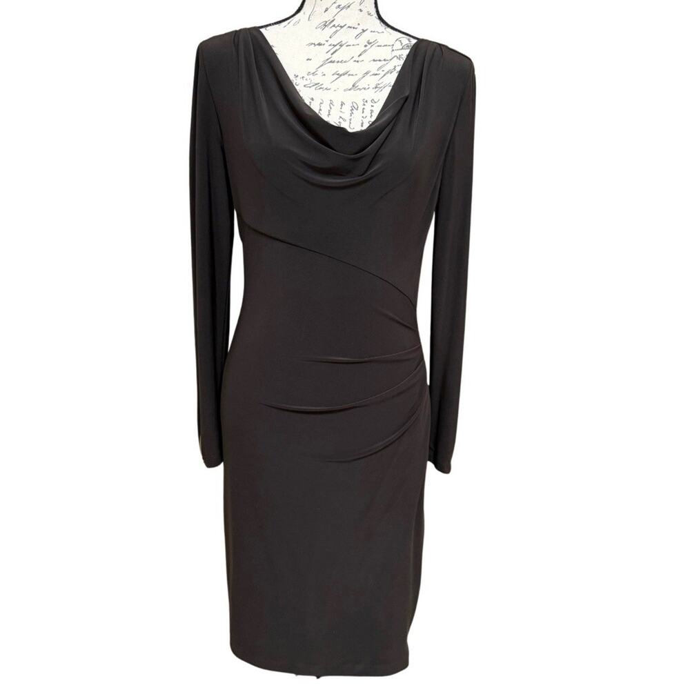 Joseph Ribkoff Zipper Accent Dress Size 10 Brown Drape Neckline Long Sleeves